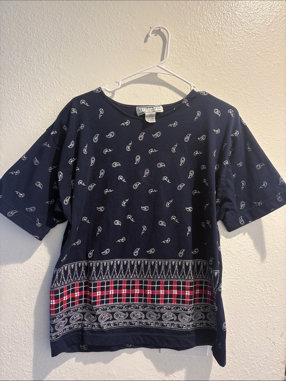 Vintage Melbourne Navy Blue Paisley & Plaid Mixed Print Top -Size L - Picture 1 of 3